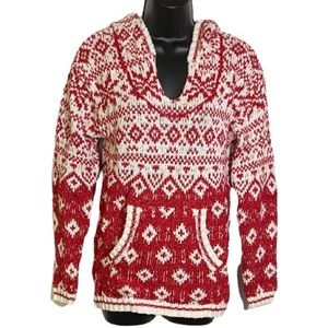 Hippie Rose Sweater Fair Isle Hoodie Red and White Snowflake Print Size Small